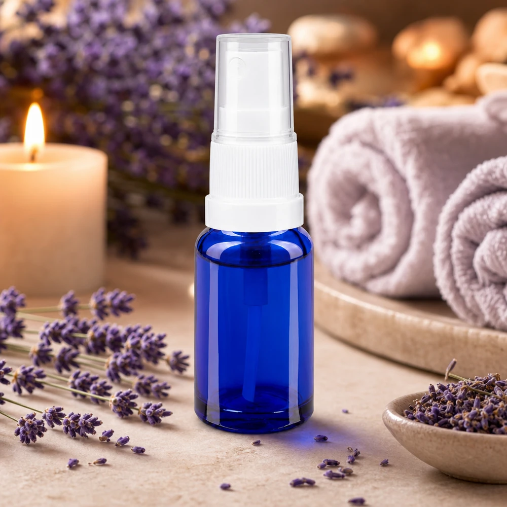 Miniaturglasflasche in Kobaltblau mit Pumpzerstäuber für ätherische Öle und Aromatherapieanwendungen