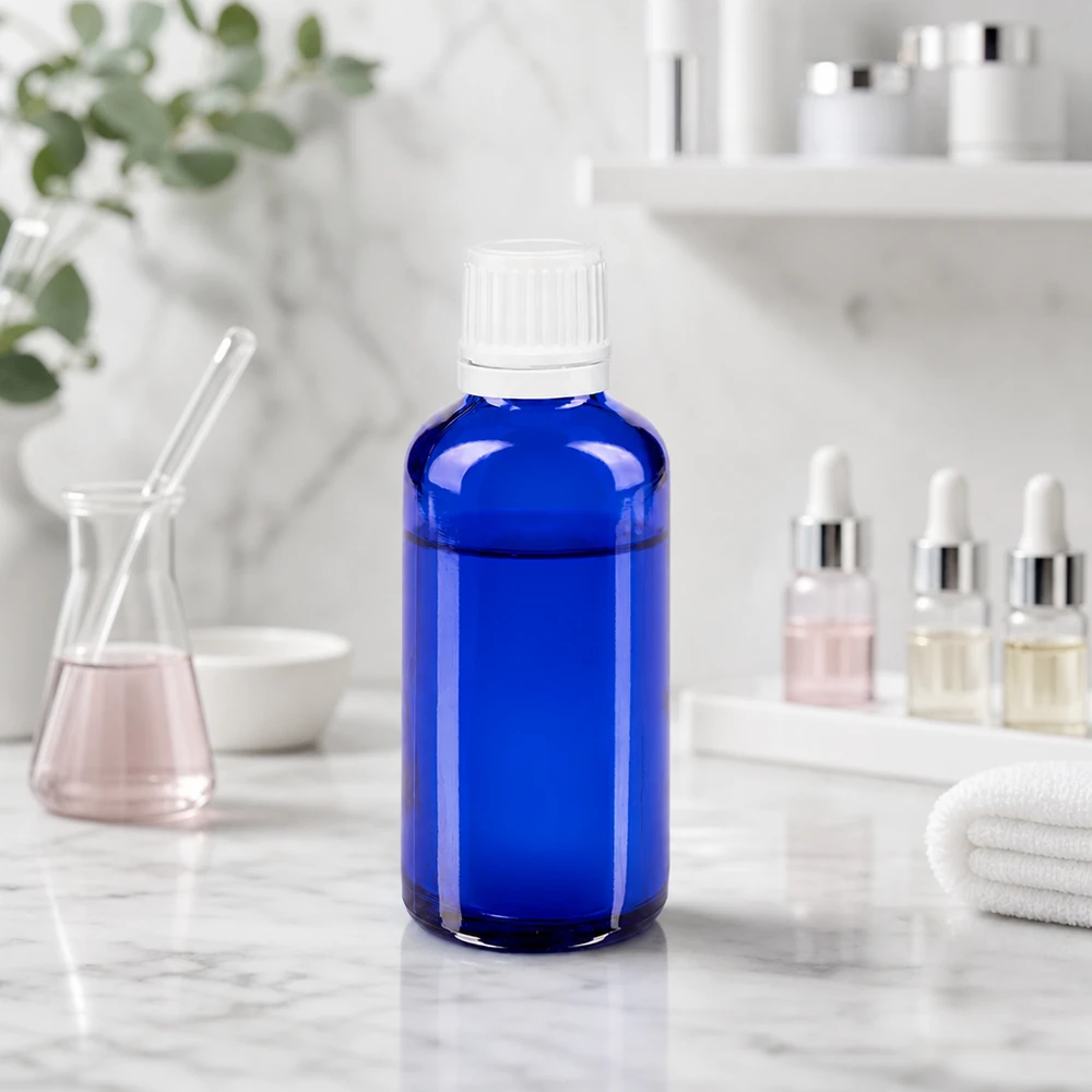 Kobaltblaue Apothekerflasche 50ml mit OV-Schraubverschluss neben Laborkolben und Serumflaschen