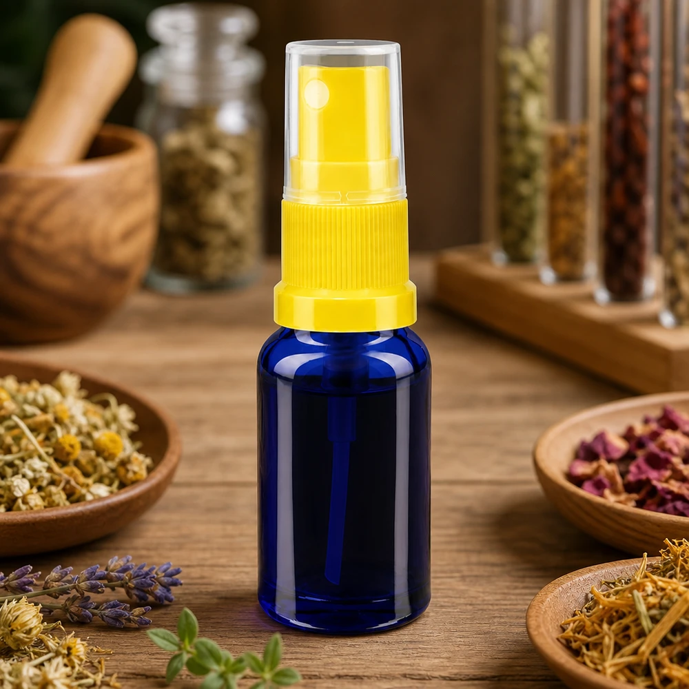 Apothekenflasche blau 10ml Sprayaufsatz gelb Miniaturflasche 10ml UV-Schutzglas blau gelber Zerstäuber ideal für Naturkosmetik und Aromatherapie