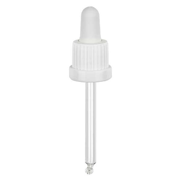 Glas-Tropfpipette weiß/weiß 18mm PL66 Originalitätsverschluss Glas-Tropfpipette weiß/weiß 18mm PL66 Originalitätsverschluss