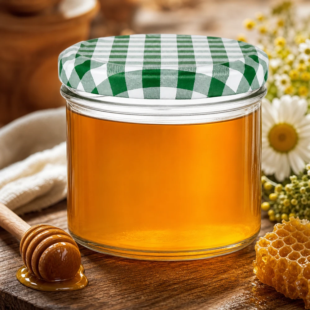 225ml Sturzglas + BasicSeal Deckel grün/weiß UNiTWIST 225ml Sturzglas mit grün-weißem Karodeckel gefüllt mit goldenem Honig neben Honiglöffel und Wabenstück