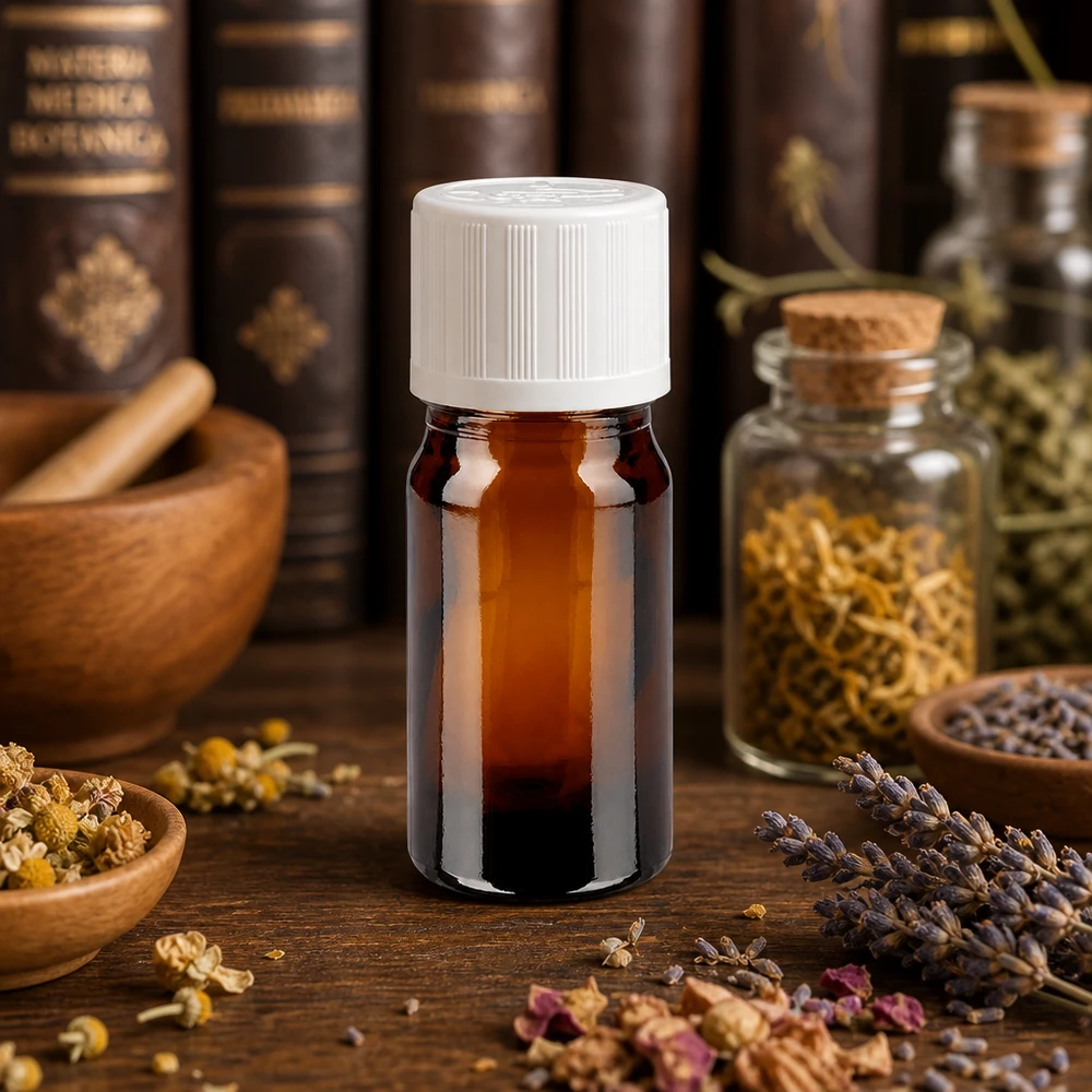 Apothekenflasche braun 5ml Schraubverschluss weiß Kindersicherung Standard UV-Schutz Apothekerflasche 5ml Braunglas mit weißem KiSi Deckel vor alten Medizinbüchern