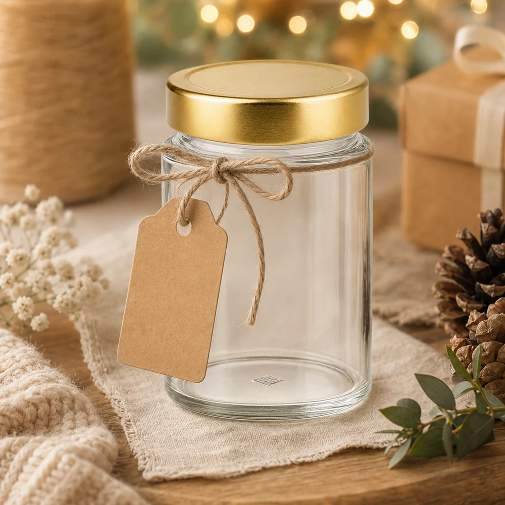 202ml Rundglas mit goldenem Deckel als Geschenkverpackung - dekoratives Glas mit Anhänger für DIY-Geschenke