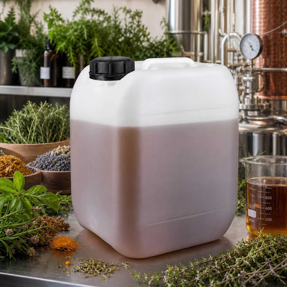 Quadratischer 5 Liter Kanister mit braunem Flüssigkeitsinhalt und schwarzem Verschluss