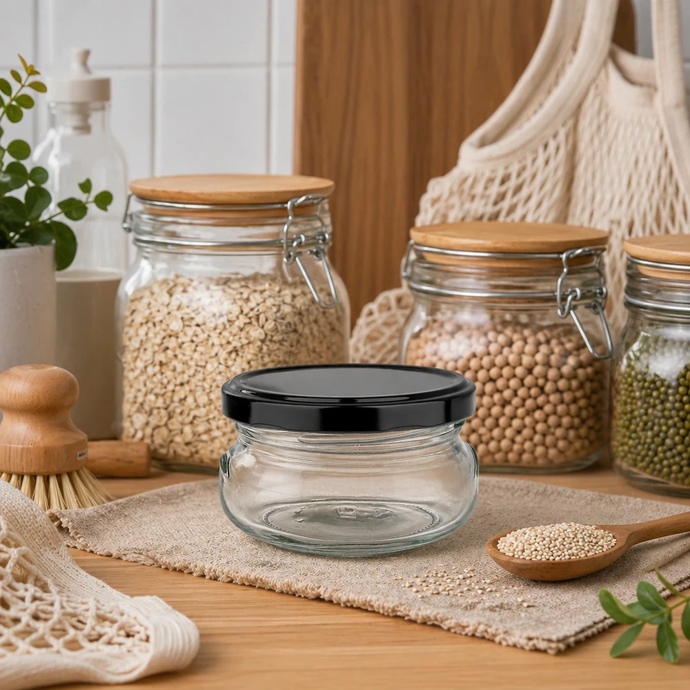 120ml Terrinenglas + BasicSeal Deckel schwarz UNiTWIST 120ml Terrinenglas mit schwarzem Deckel in nachhaltiger Küche, umgeben von Vorratsgläsern und Naturmaterialien