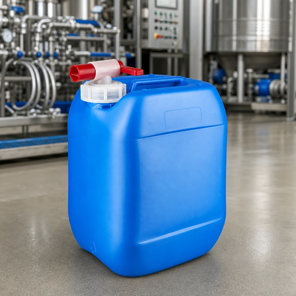 Quadratischer 10L Industriekanister blau mit Auslaufhahn in chemischer Produktionsanlage