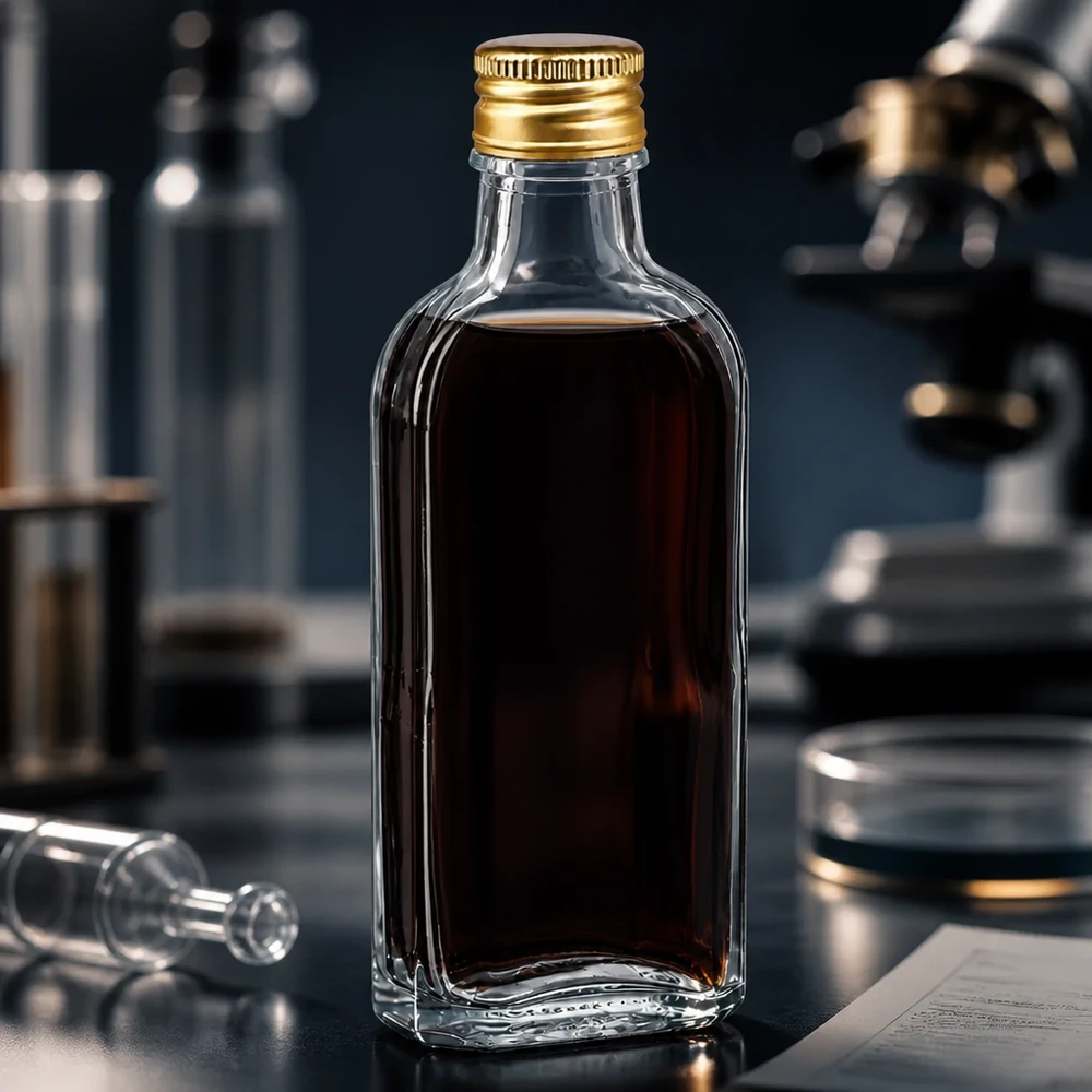 Transparente Flachflasche 100ml Meplat mit dunklem Inhalt und goldenem PP22 Verschluss Laborumgebung