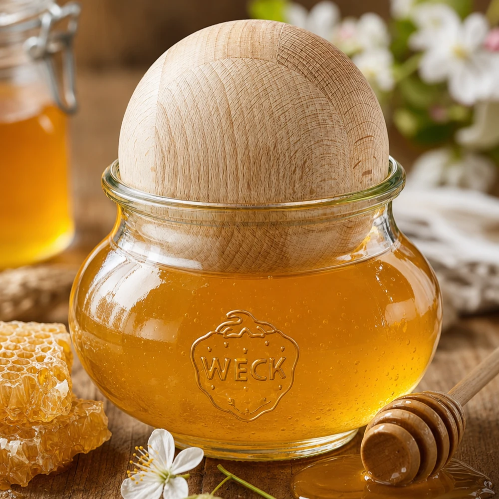 WECK Honigglas RR100 1062ml mit Holzkugel Buche neben Honigwaben und Honiglöffel auf Holztisch