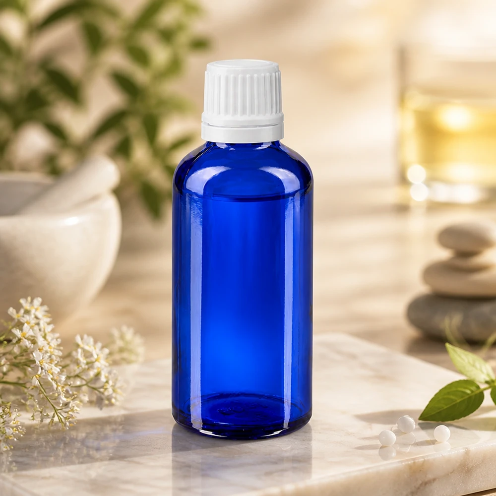 Apothekenflasche blau 50ml Schraubverschluss weiß Originalitätsverschluss Blaue Glasflasche 50ml mit 11mm Originalitätsverschluss neben Mörser und Heilpflanzen