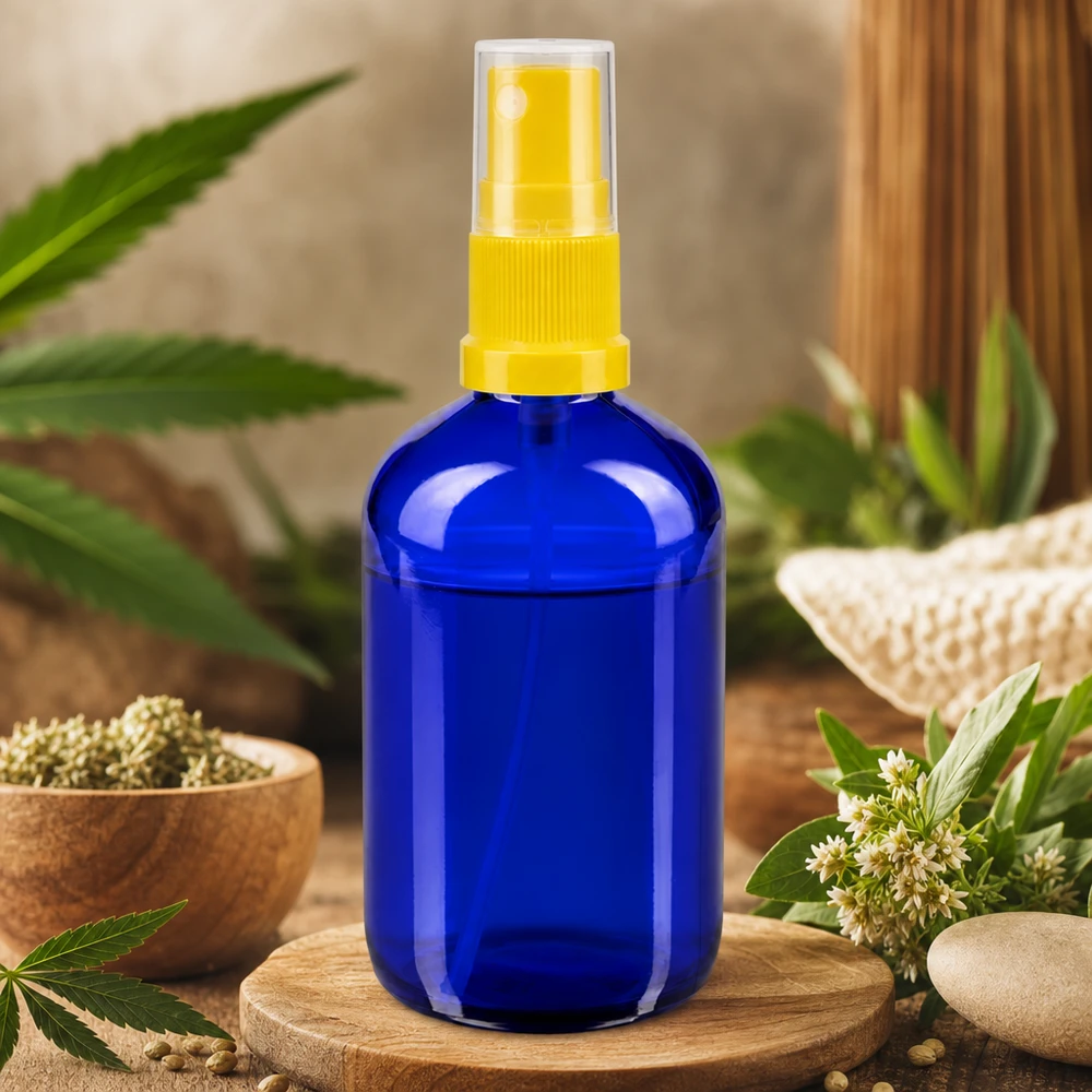 Apothekenflasche blau 100ml Sprayaufsatz gelb Kobaltblaue Apothekerglas Sprayflasche 100ml mit gelbem Zerstäuber auf Holzuntersetzer