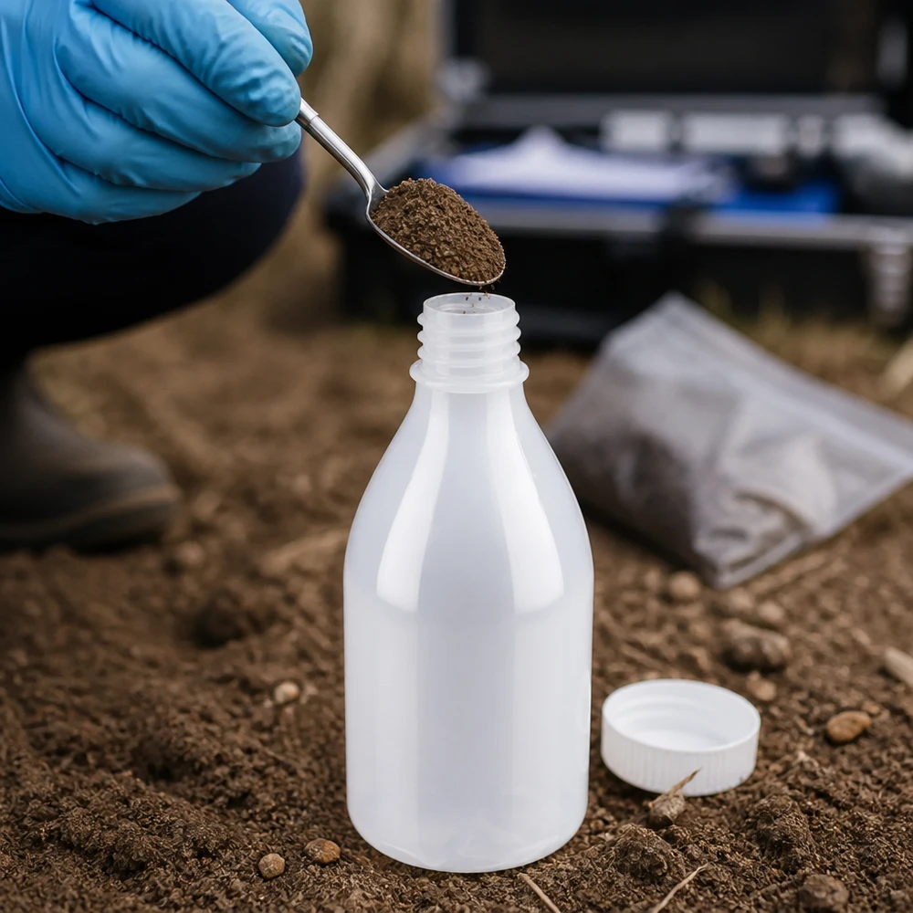 100ml Enghalsflaschen ohne Verschluss bei Bodenanalyse mit blauem Nitrilhandschuh im Freien