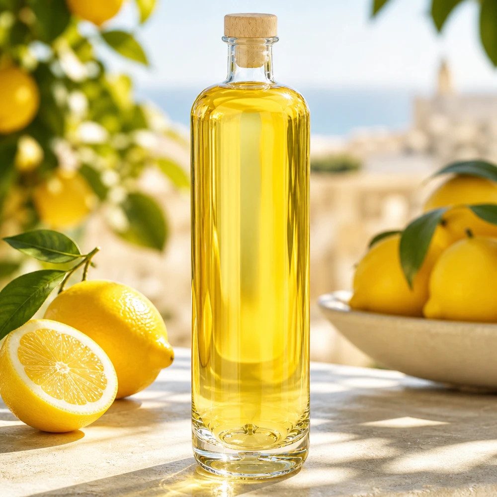 700ml Glasflasche "Eleganz" mit Holzgriffkorken UNiTWIST® 700ml Glasflasche Ella mit gelbem Inhalt und Holzkorken in mediterraner Zitronen-Umgebung auf Holztisch