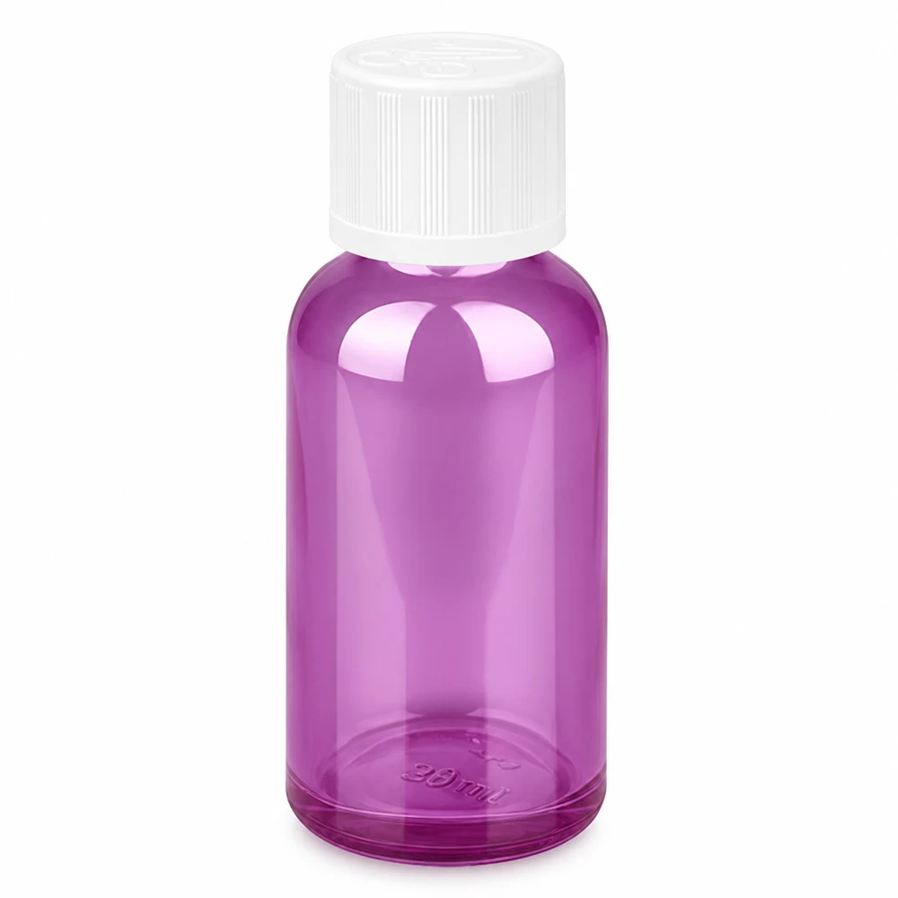 30ml Flasche 11mm Schraubverschluss weiß Standard Kindersicher PurpleLine UT18/30 Runde Glasflasche 30ml transparent-violett mit weißem Kunststoffverschluss für Labor und Hobby