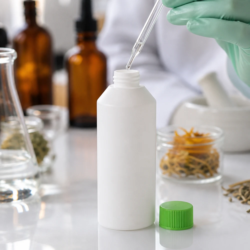Apothekenflasche HDPE 250ml weiß, mit grünem Schraubverschluss Apothekenflasche 250ml aus HDPE in Weiß mit grünem SV für pharmazeutische Anwendungen