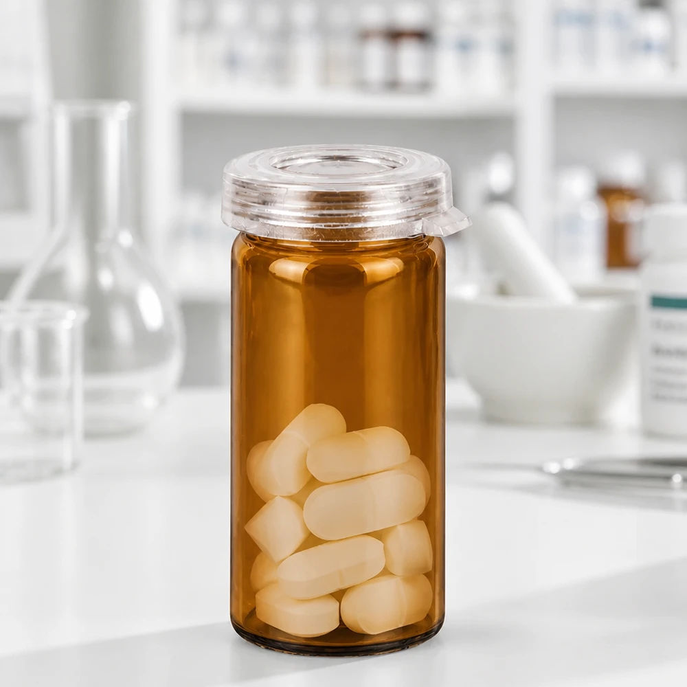 Tabletten/Rollrandglas 5ml klar mit Schnappdeckel Pharmazeutisches Tablettenglas 5ml aus Glas mit kindersicherem Schnappdeckel in Apotheke