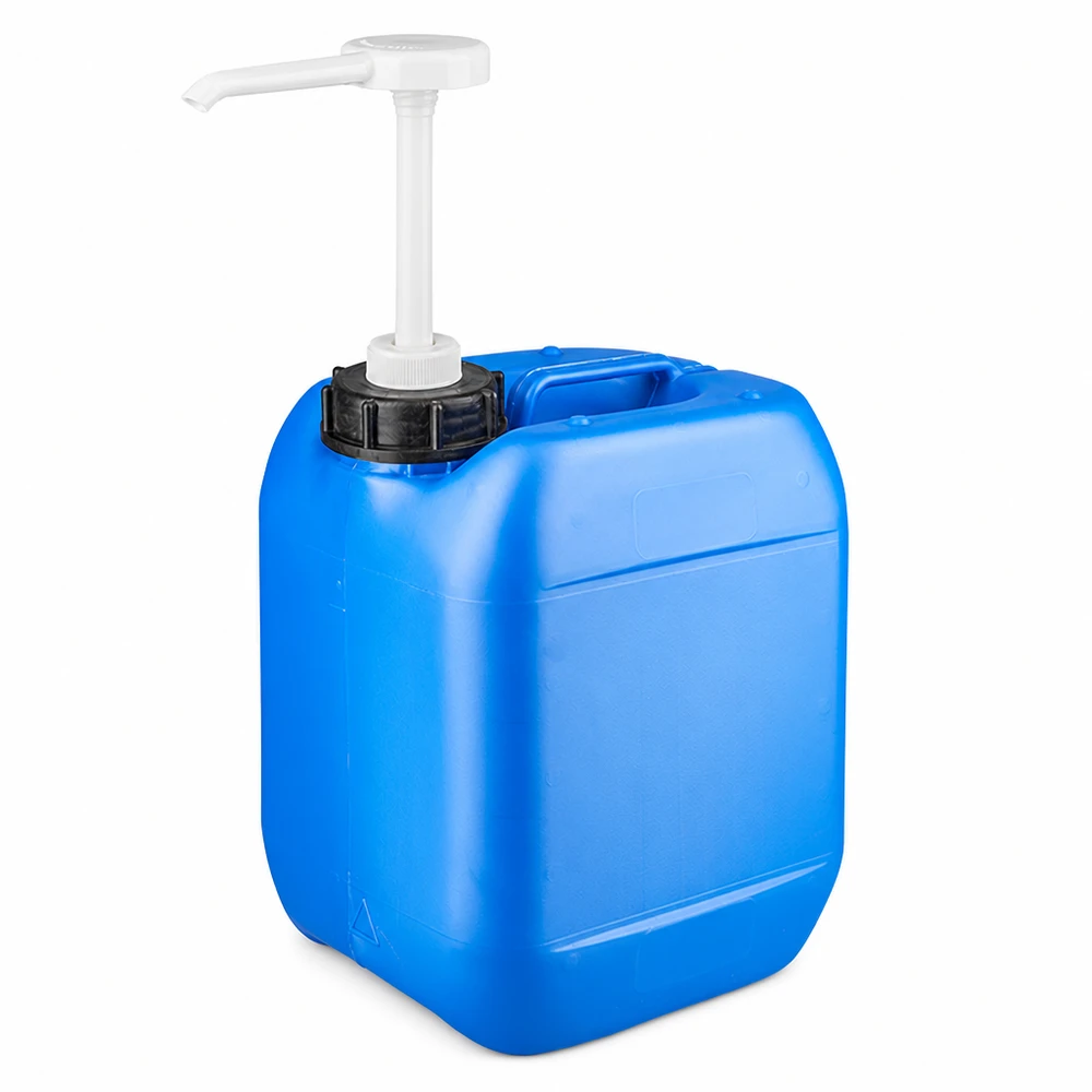 Rechteckiger HDPE Kanister 5L in Blau mit aufgesteckter Ausgabepumpe