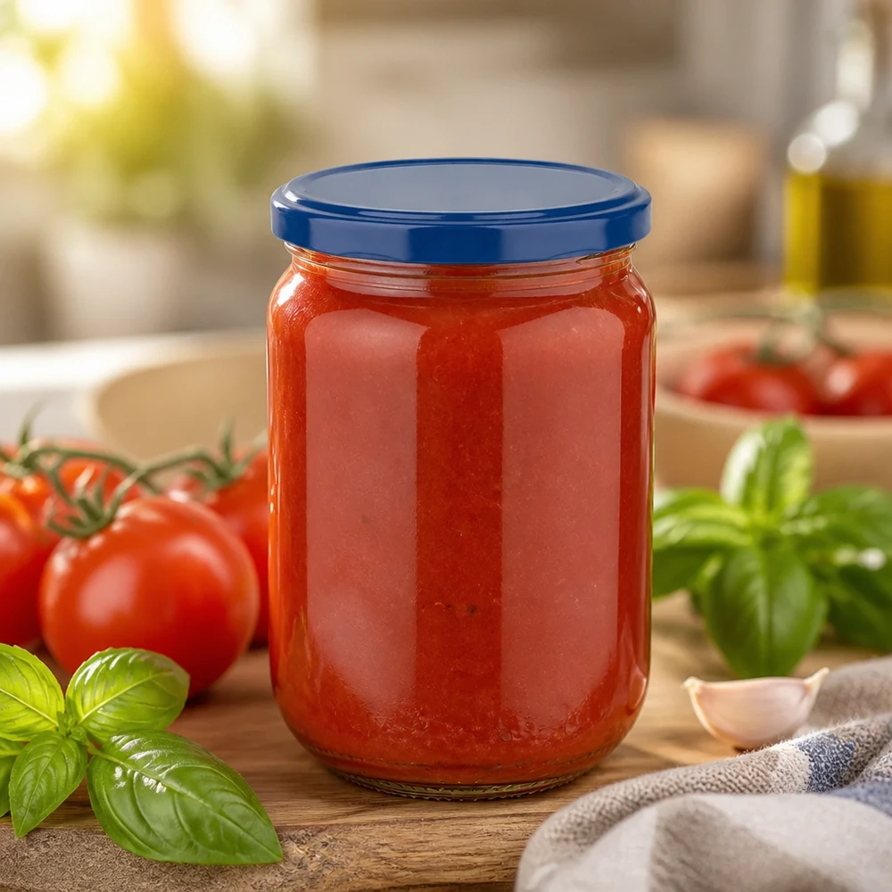 UNiTWIST Rundglas 555ml mit Tomatensugo frischen Basilikumblättern und Knoblauch auf Holzbrett