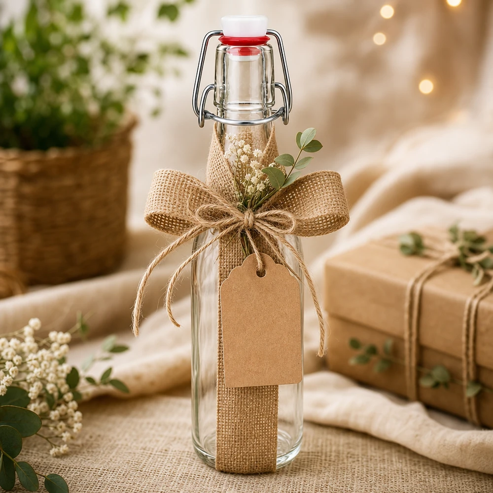 250ml Glasflasche und Bügelverschluss Porzellan UNiTWIST 250ml Glasflasche mit Bügelverschluss als Geschenk dekoriert mit Jute-Schleife und Anhänger in rustikaler Atmosphäre