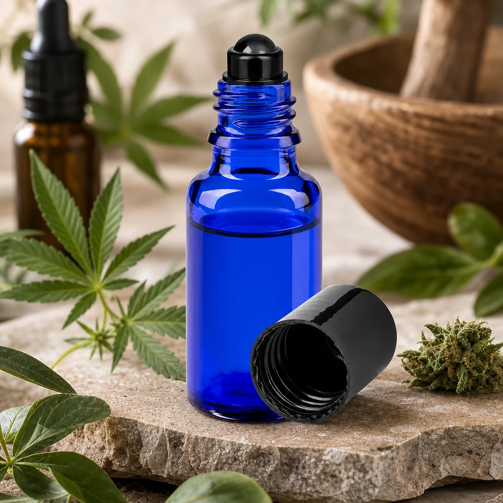 Apothekenflasche blau 20ml Roll-On Verschluss schwarz Blaue Glasflasche 20ml mit schwarzem Rollkugelverschluss für CBD-Öl und Naturkosmetik