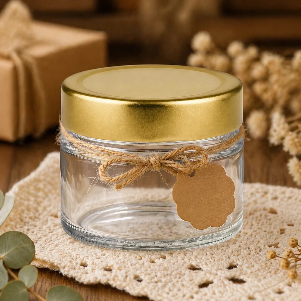 80ml Rundglas mit BasicSeal Deckel gold deep dekorativ auf Häkeldecke mit Juteschleife und Geschenkanhänger