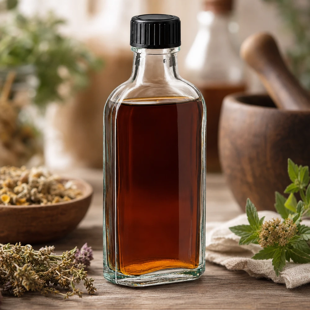 100ml Meplat Flasche gefüllt mit Kräuterextrakt auf rustikalem Holztisch mit Mörser im Hintergrund