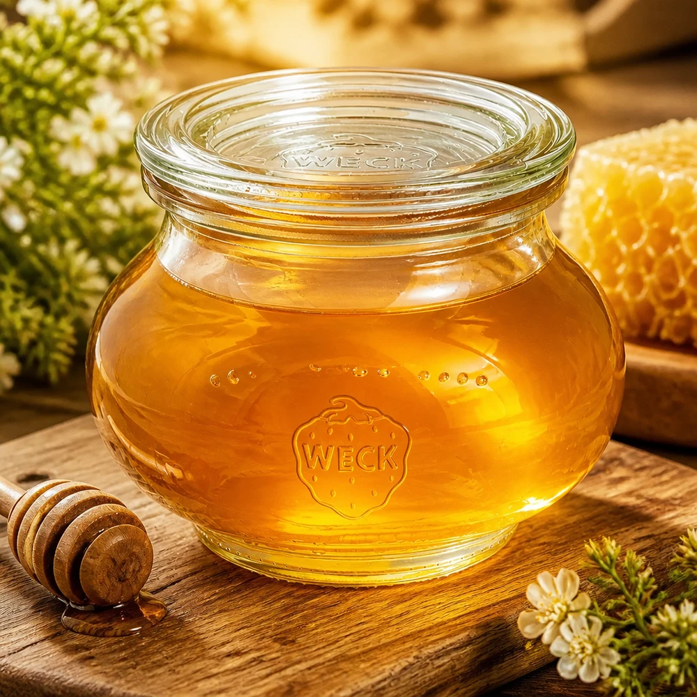 WECK Schmuckglas 220ml mit goldenem Honig gefüllt Honiglöffel Bienenwabe natürliche Küchendekoration