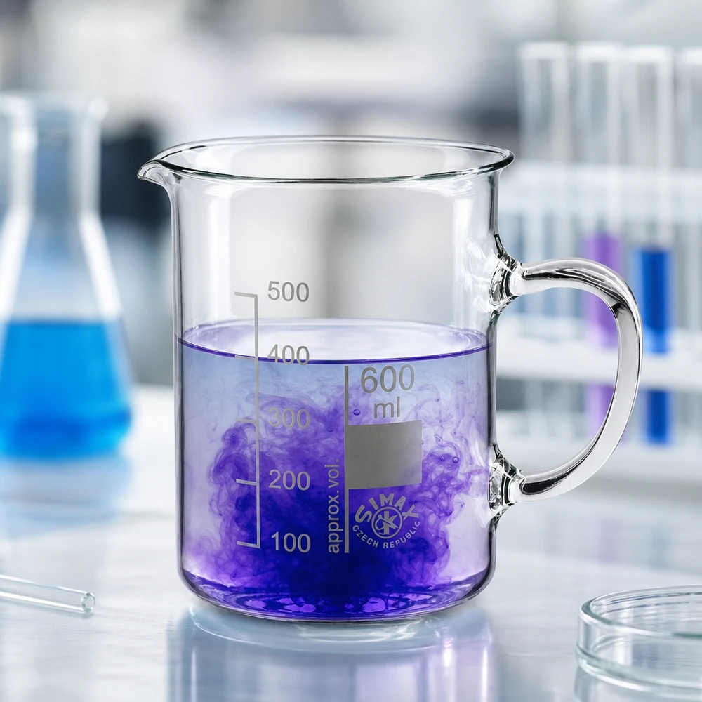 Becherglas 600ml Borosilikatglas, mit Henkel Becherglas mit Henkel 600ml für Labor Küche und Gastronomie aus klarem Borosilikatglas