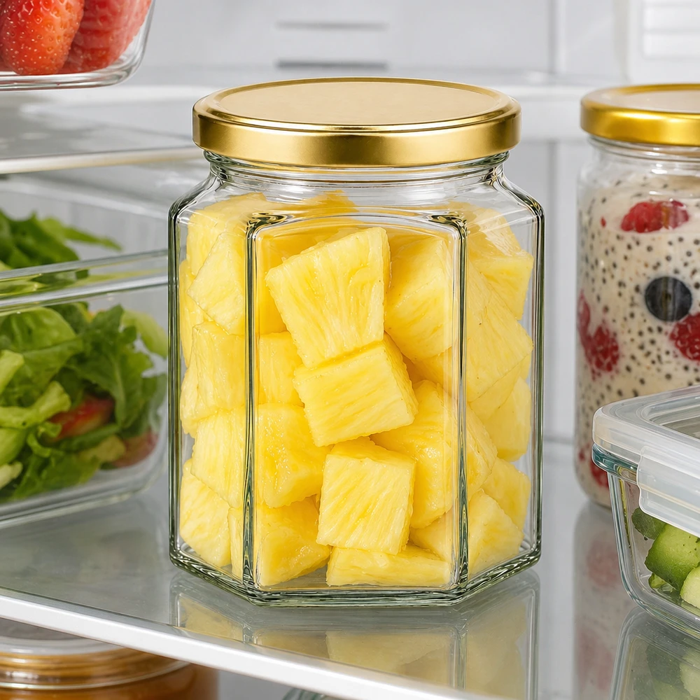 288ml Hexaglas BasicSeal gold mit Ananas-Stücken im Kühlschrank zeigt optimale Frischehaltung von Obst