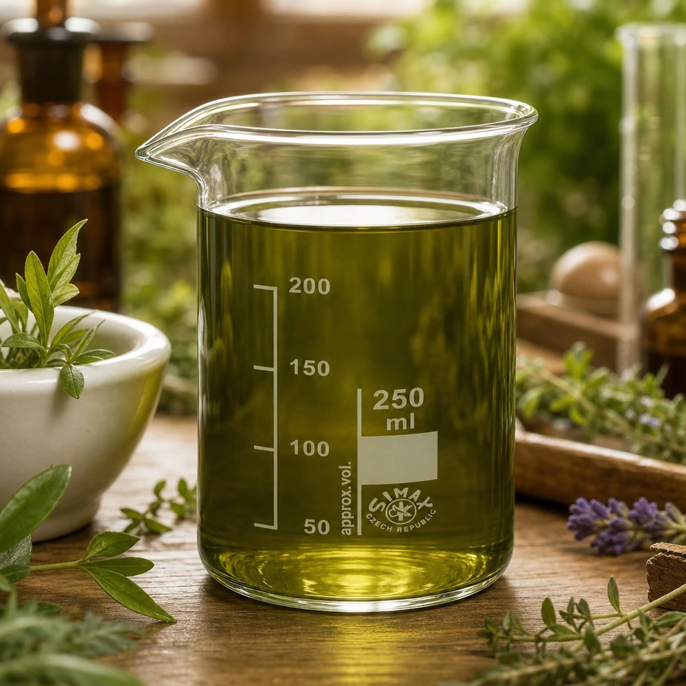 Becherglas 250ml Borosilikatglas, hohe Form Becherglas 250ml Borosilikatglas Czech Republic mit Ausguss neben Mörser und Lavender im Einsatz