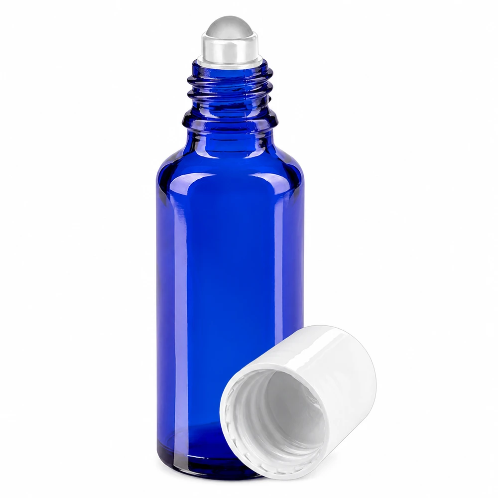 Apothekenflasche blau 30ml Roll-On Verschluss weiß Kobaltblaue 30ml Glasflasche mit Roll-On Applikator und weißer Verschlusskappe