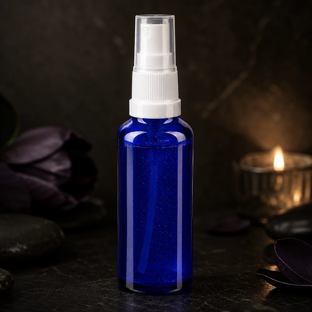 Blaues Borosilikatglas Zerstäuber Fläschchen 10ml mit transparenter Schutzkappe auf Naturstein