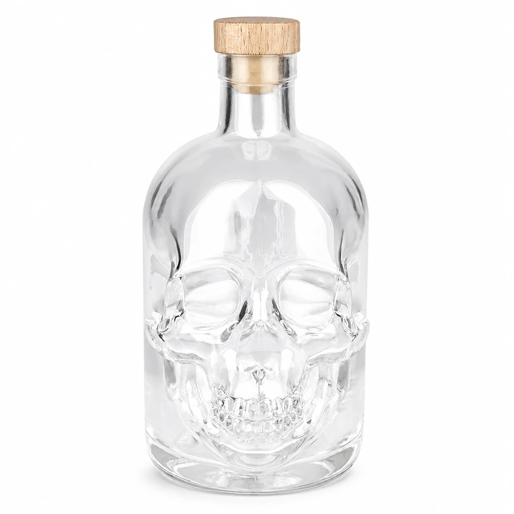 500ml Glasflasche "Jack" mit Holzgriff-Korken UNiTWIST 500ml Glasflasche Jack mit Totenkopf-Design und Holzkorken, leere Spirituosenflasche aus klarem Glas