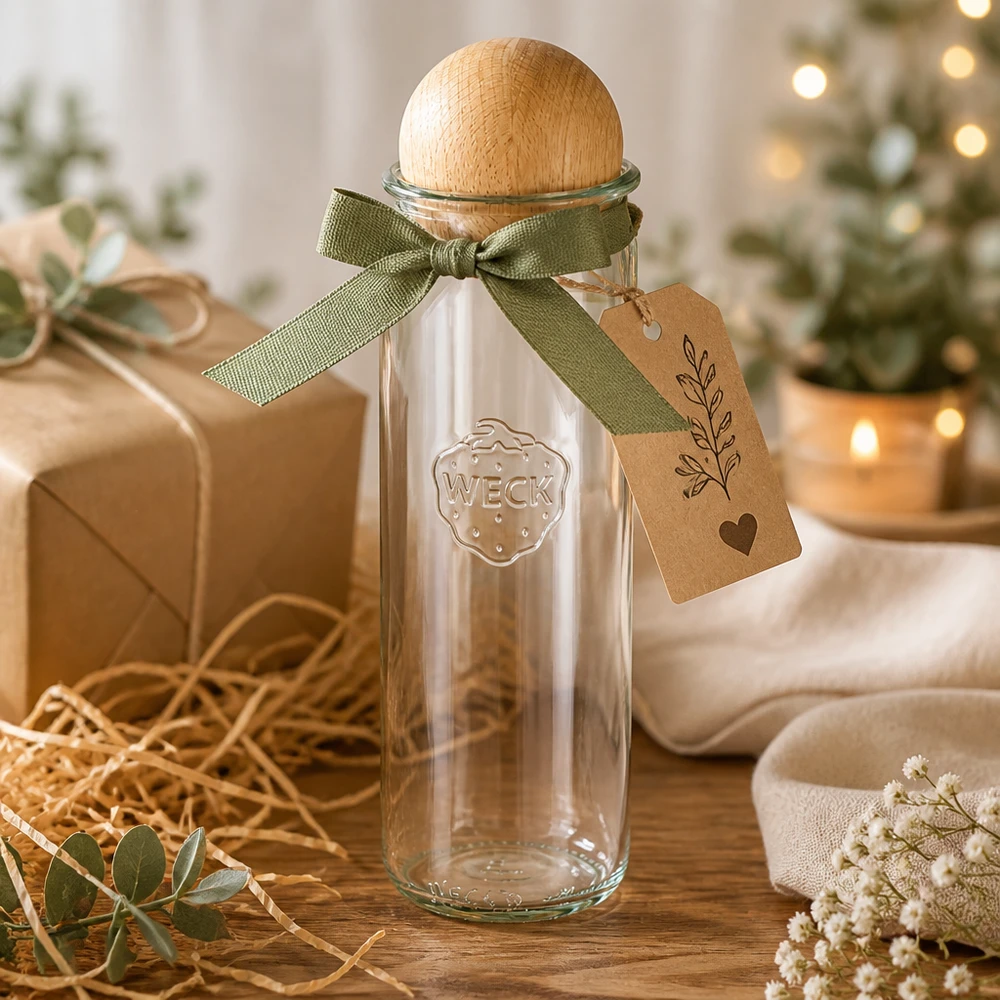 WECK 600ml Zylinderglas RR60 als Geschenk verpackt mit grüner Schleife und Holzkugel Deckel Weihnachtsdeko