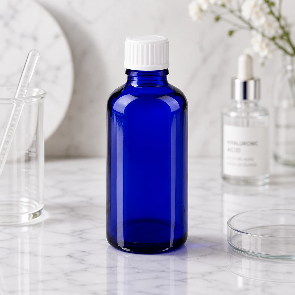 Zylindrische blaue Glasflasche 50ml GR STD mit UV-Schutz für Laboranwendungen