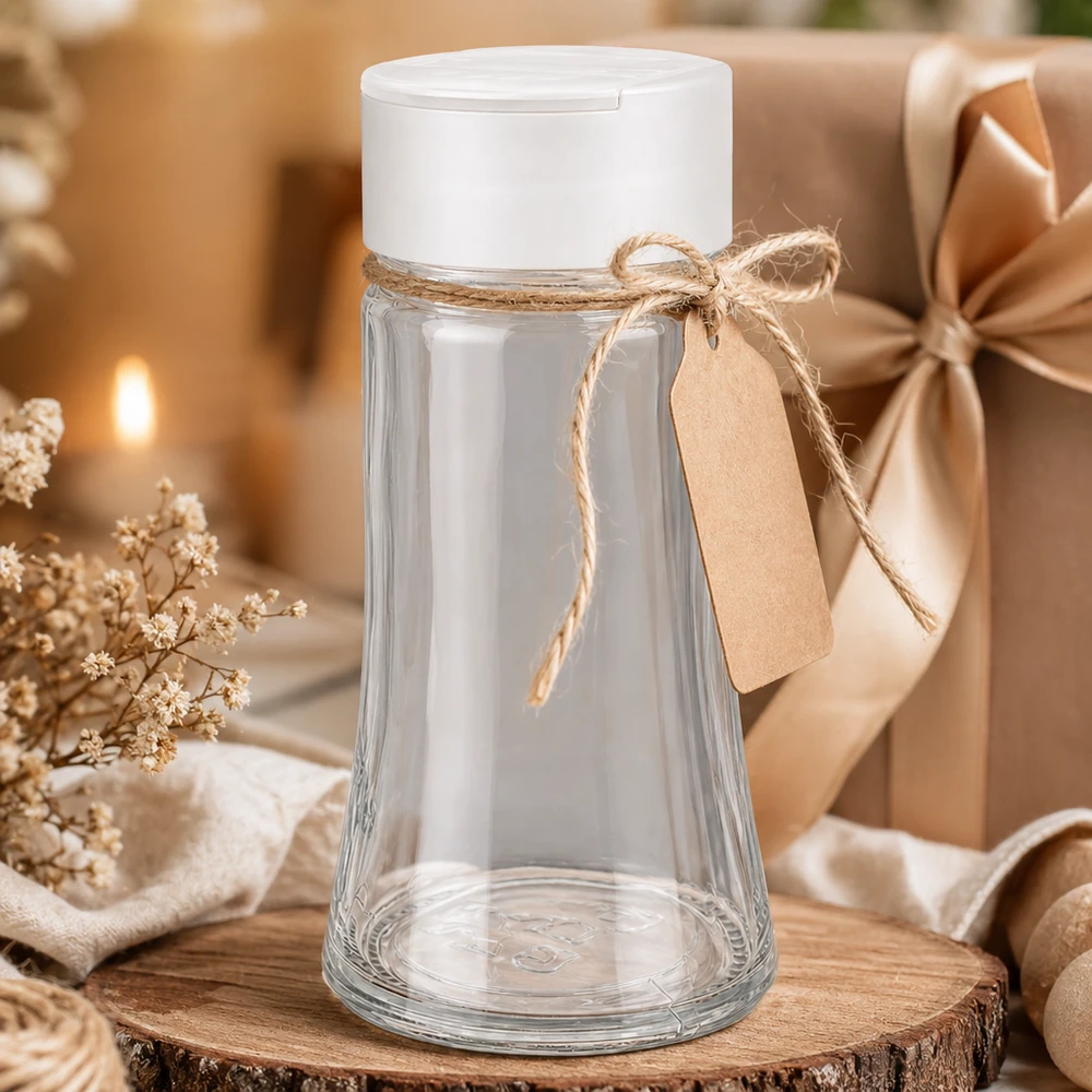 Salz-/Gewürzglas 95ml mit Doppelstreuer weiss Transparentes Salzglas 95ml konische Form weißer Kunststoffdeckel als Geschenk dekoriert