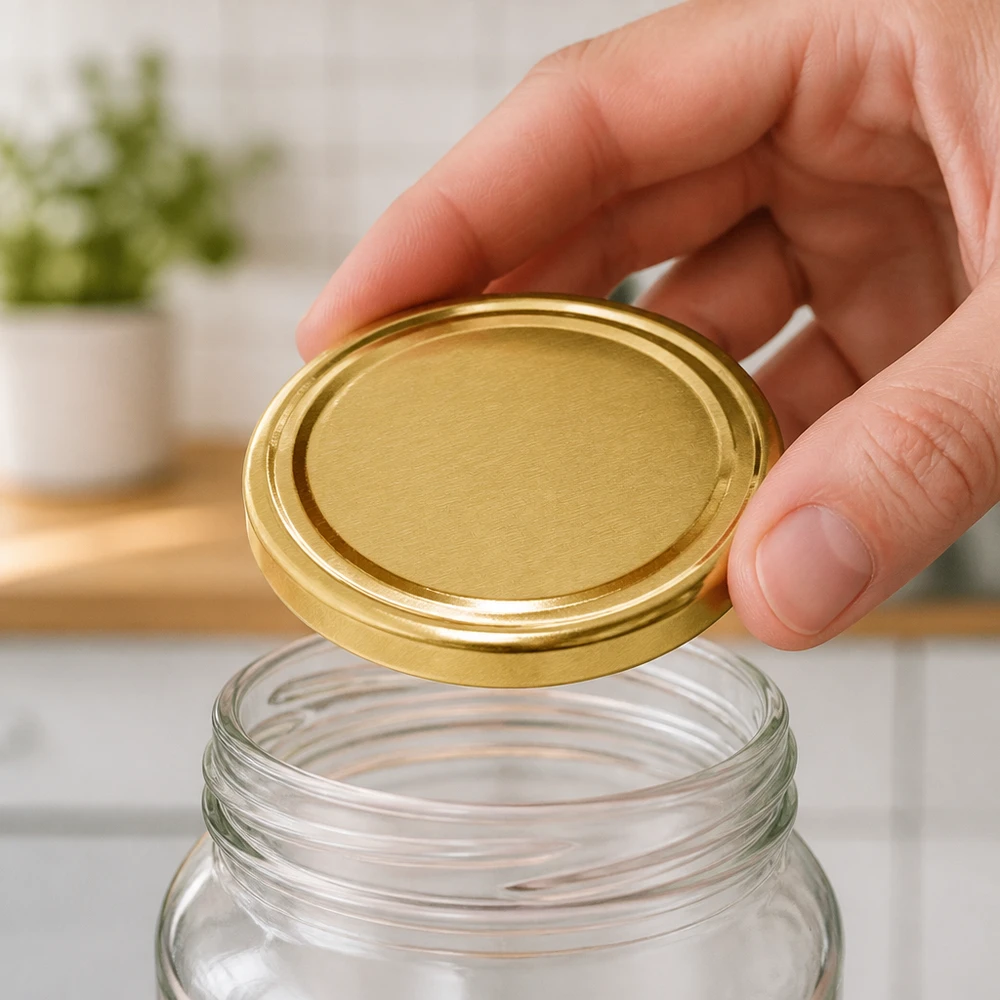 Hand setzt UNiTWIST TO82 Einweckdeckel gold auf Weithalsglas BioSeal BPA-NI unitemp