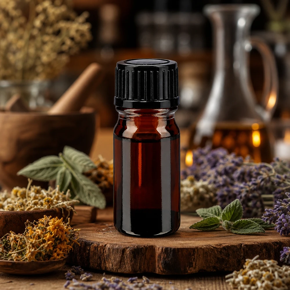 Kleine braune Apothekerflasche 5ml auf Holzscheibe mit Minze Lavendel und Wildblumen