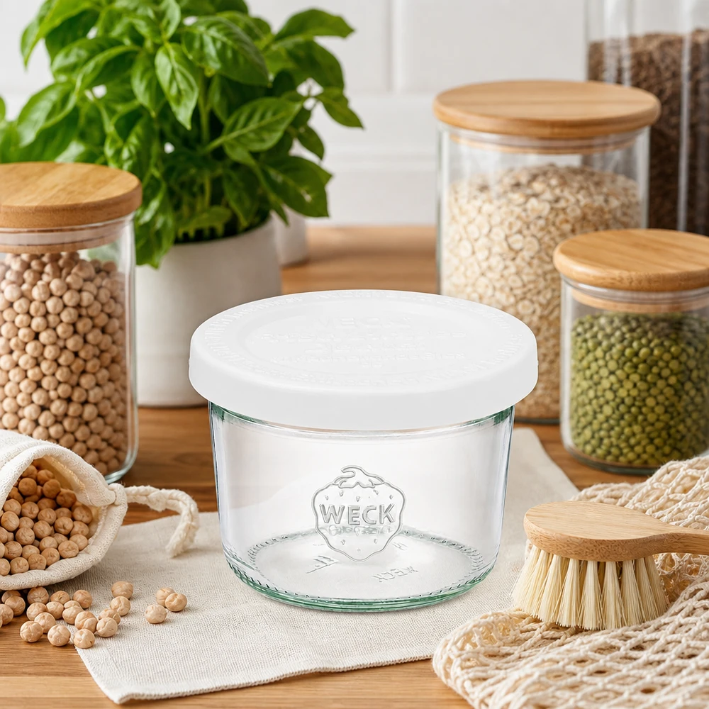 WECK 80ml Sturzglas RR60 in nachhaltiger Küche mit Hülsenfrüchten Vorratsgläsern und Zero-Waste Utensilien auf Holz