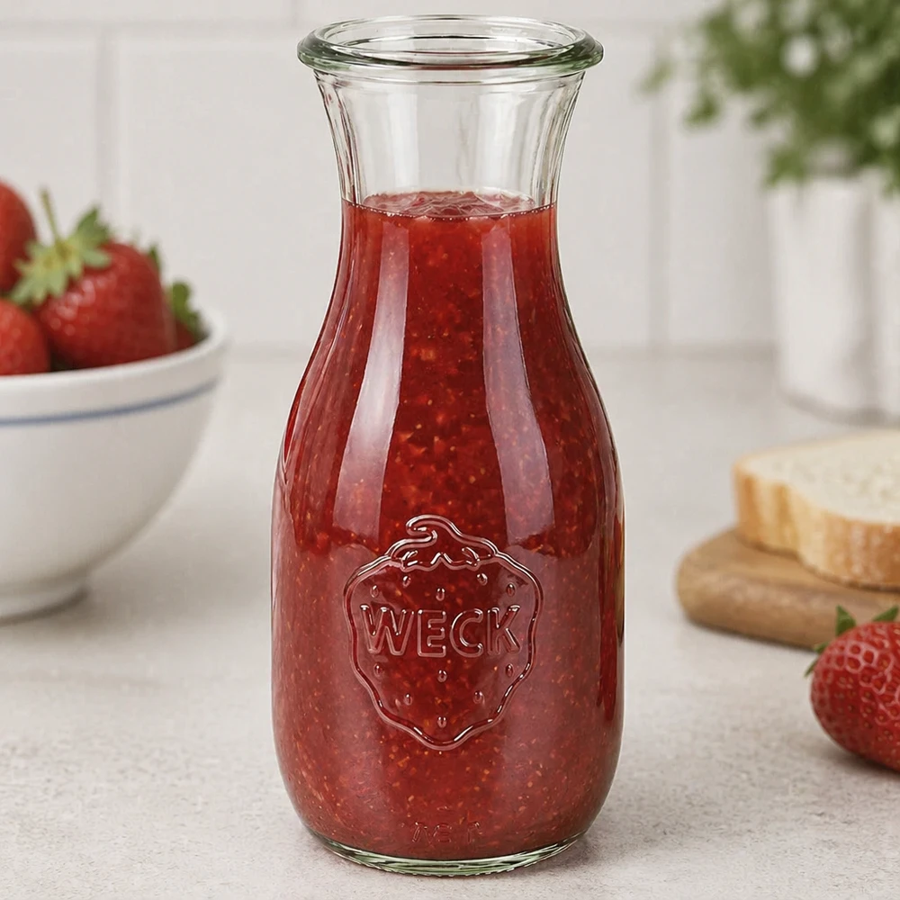 WECK Saftflasche 530ml RR60 mit rotem Erdbeeraufstrich gefüllt neben frischen Erdbeeren und Brot als Frühstückszene