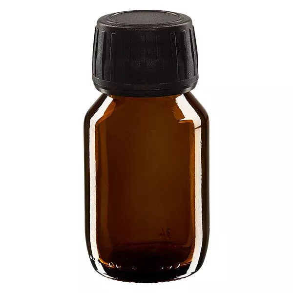 50ml Medizinflasche braun, Verschluss schwarz mit Originalitätsring ApoGlas 50ml Medizinflasche braun, Verschluss schwarz mit Originalitätsring ApoGlas