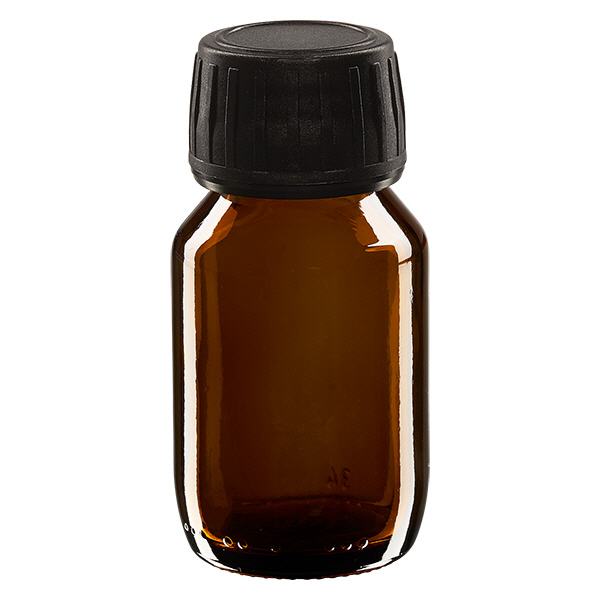50ml Medizinflasche braun, Verschluss schwarz mit Originalitätsring ApoGlas 50ml Medizinflasche braun, Verschluss schwarz mit Originalitätsring ApoGlas