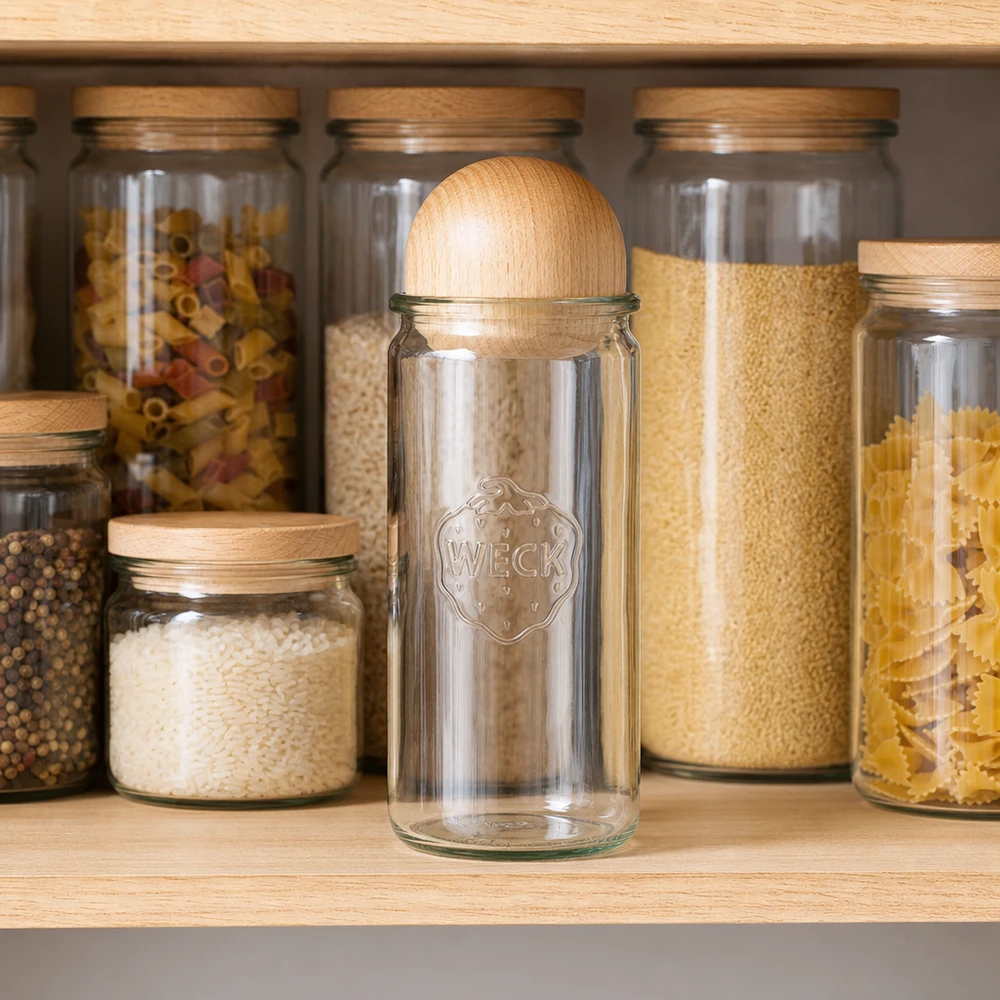 WECK Zylinderglas 1040ml RR80 mit Holzkugel in organisierter Vorratskammer zwischen Nudeln und Getreide