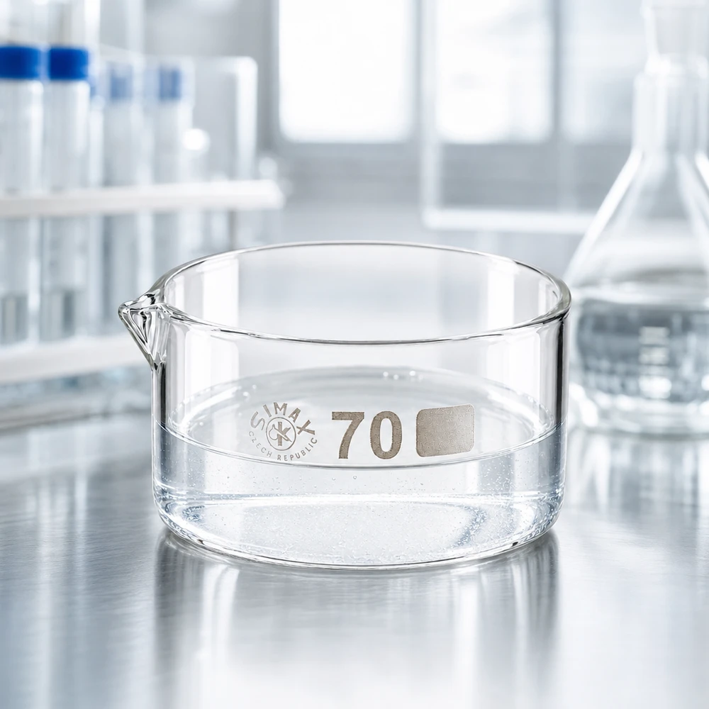 Flache zylindrische Glasschale 70mm Borosilikat im professionellen Laborumfeld mit Erlenmeyerkolben