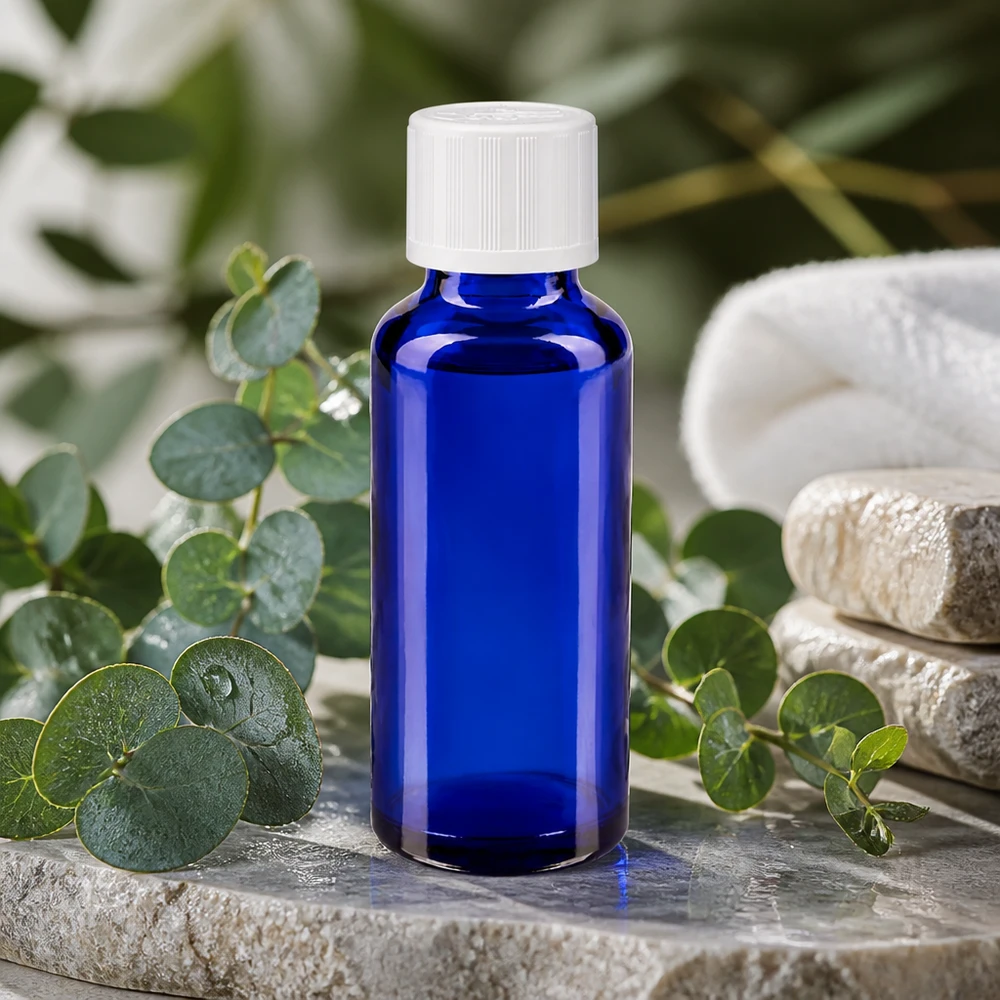Kobaltblaue Glasflasche 30ml kindersicherer Weißdeckel umgeben von frischen Eukalyptusblättern
