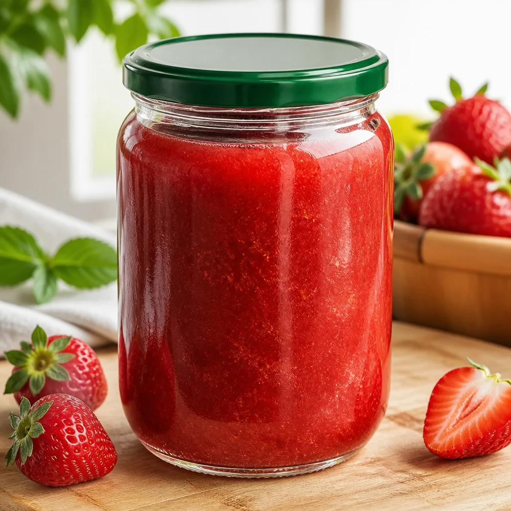 Großes Vorratsglas 555ml UNiTWIST BasicSeal grün mit roter Erdbeermarmelade auf Holzbrett