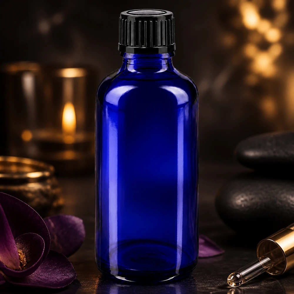 Apothekenflasche blau 50ml Schraubverschluss schwarz Standard Kobaltblaue 50ml Apothekerflasche mit 11mm Standardverschluss im Spa-Ambiente