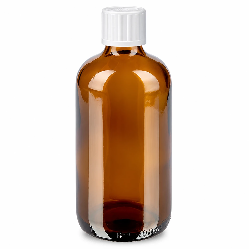 Apothekenflasche 100ml Braunglas mit Standard Schraubverschluss weiß kindersicher