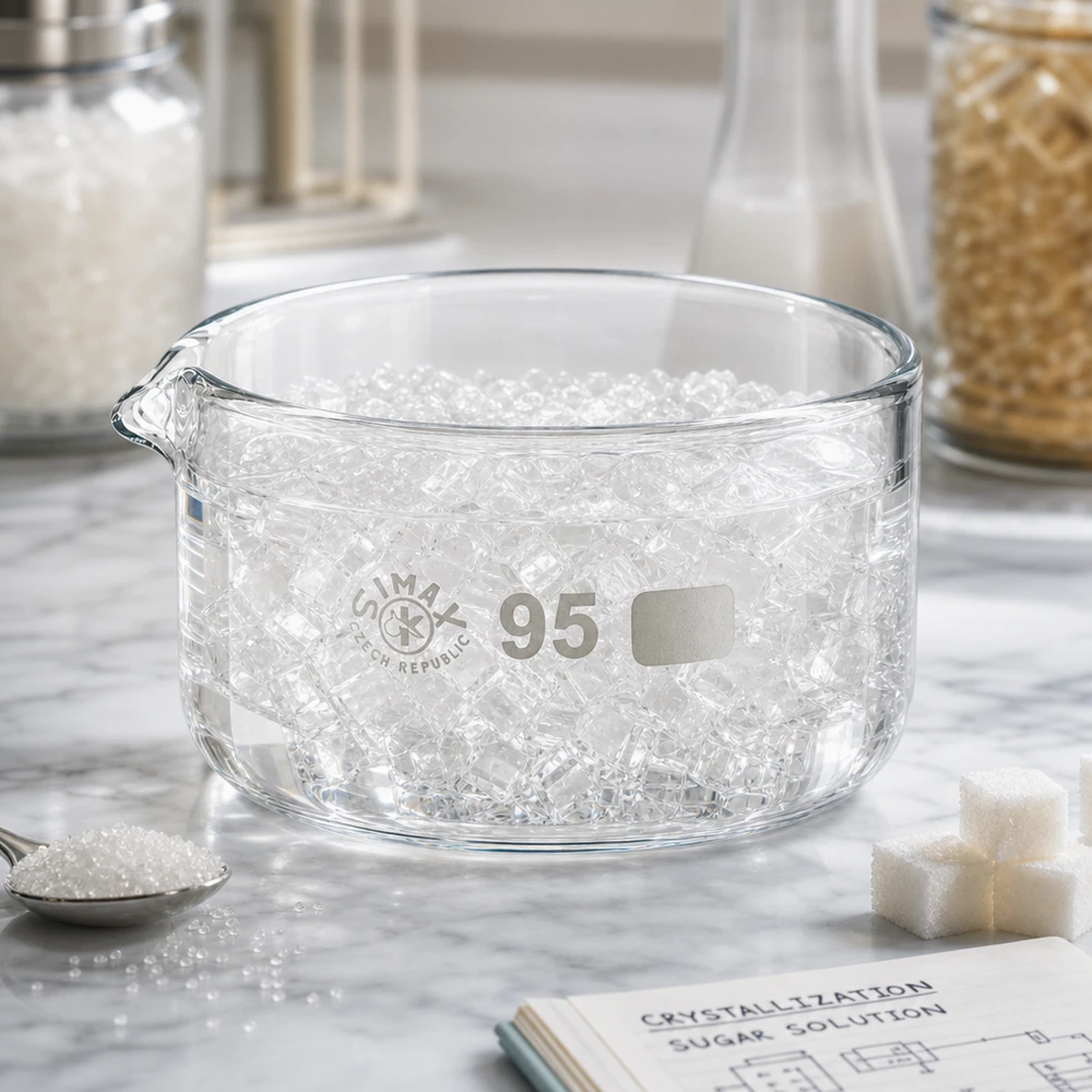 300ml Kristallisierschale mit Ausguss Borosilikat ø95mm Zuckerkristallisation in Glasschale 300ml Borosilikatglas ø95mm mit Ausguss Lehrdemonstration