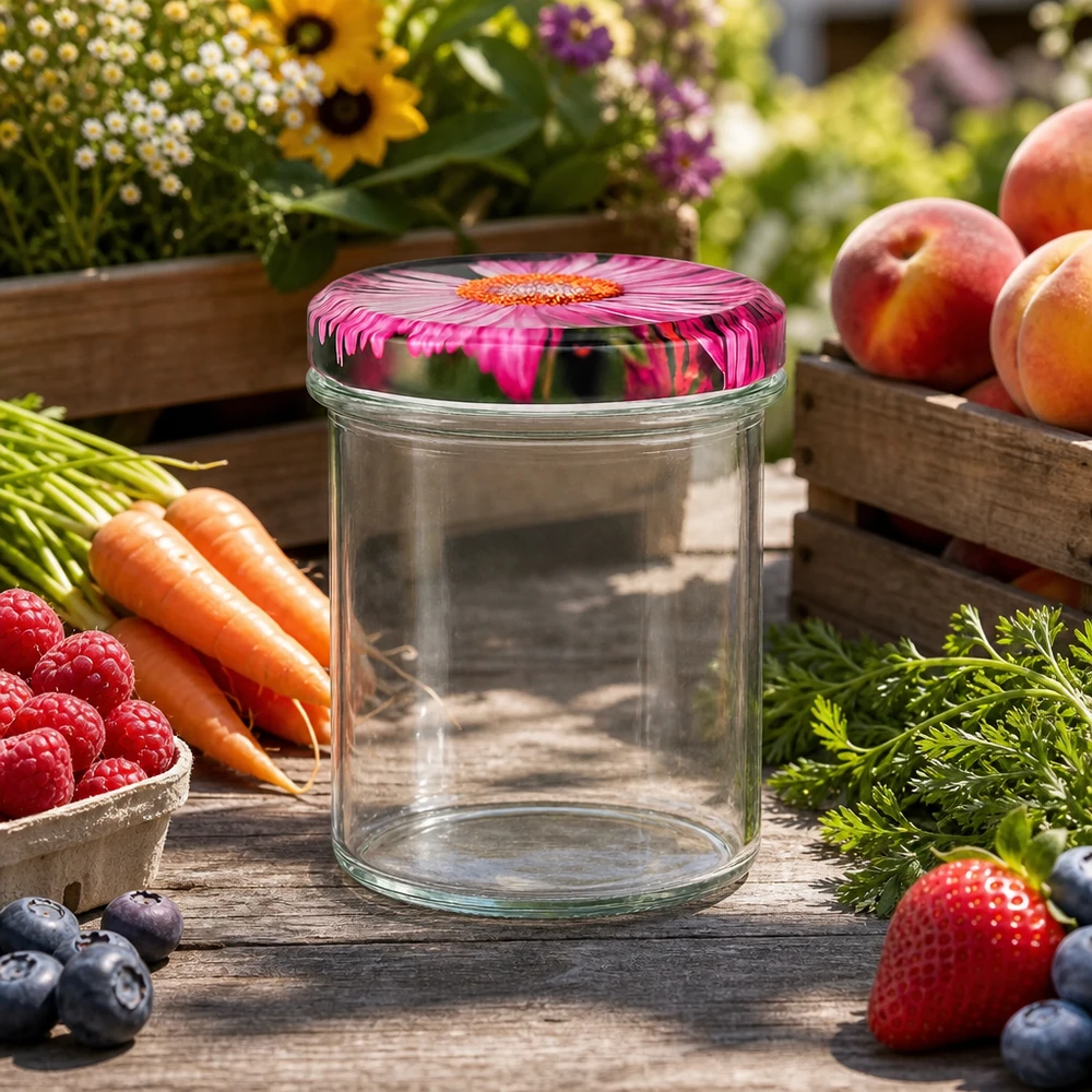 350ml Sturzglas + BasicSeal Deckel Blüten-Dekor UN 350ml Sturzglas mit rosa Gerbera BasicSeal Deckel umgeben von frischen Früchten Gemüse und Blumen Outdoor-Setting
