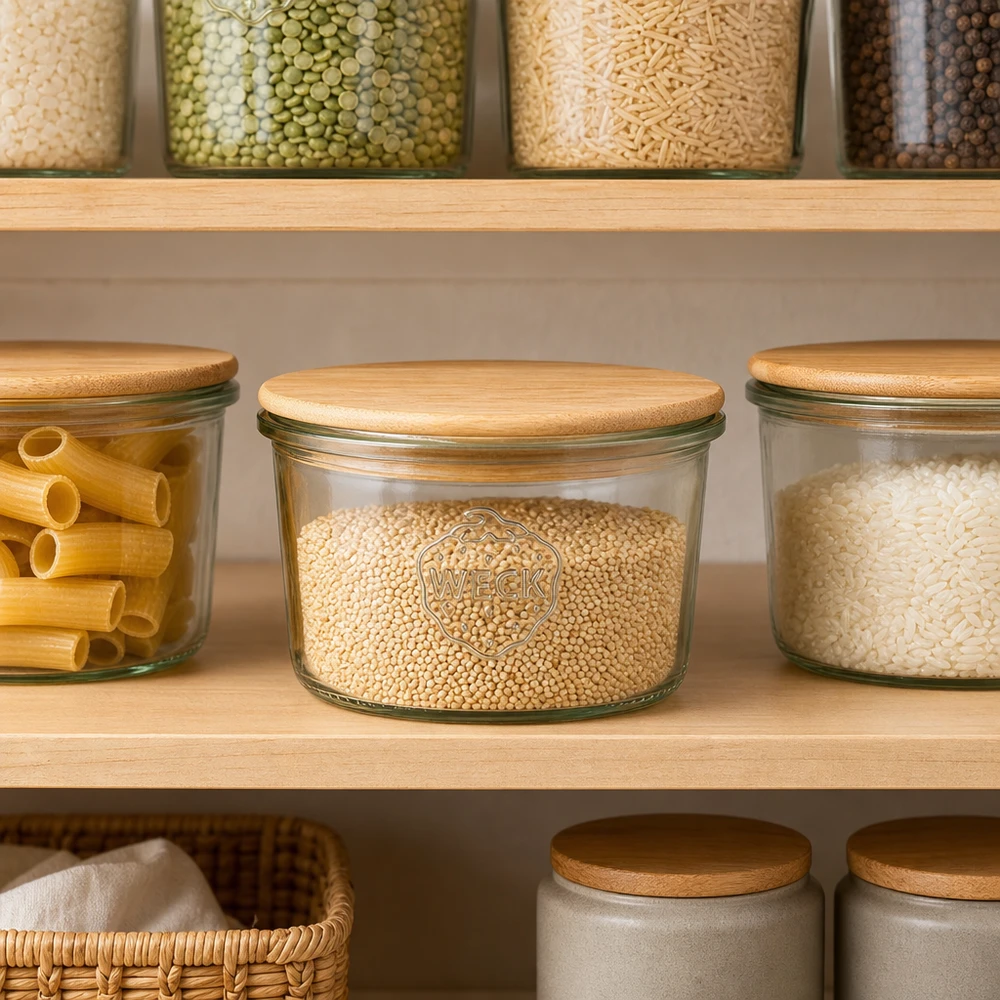 WECK Sturzglas 80ml RR60 Holzdeckel Vorratsorganisation Pantry Küchenschrank kleine Mengen Gewürze Körner